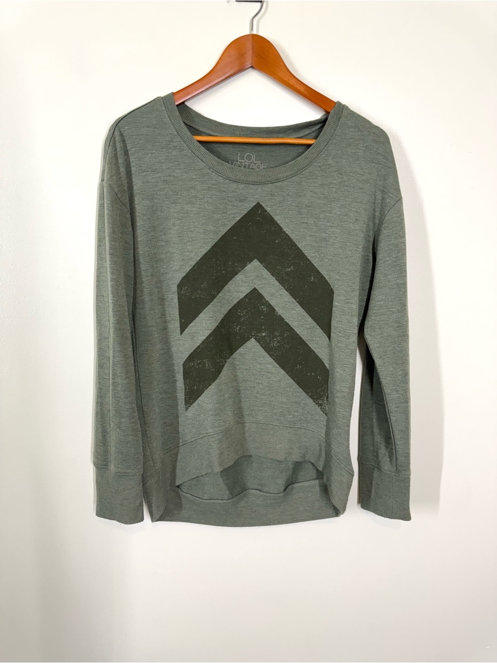 L.O.L. Vintage Olive Green Chevron Graphic Sweatshirt Military style Hi-Low Med
